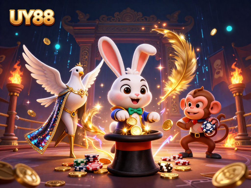 Discover the enchanting world of UY88 with a magician rabbit and vibrant casino elements.