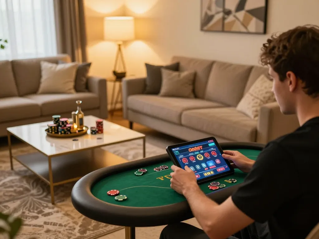 Engaging in online poker at Onbet with tablet in cozy living room setting