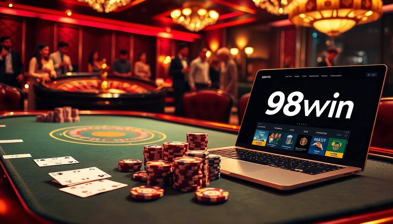 Experience the thrill of 98win at an upscale poker table surrounded by vibrant casino elements.