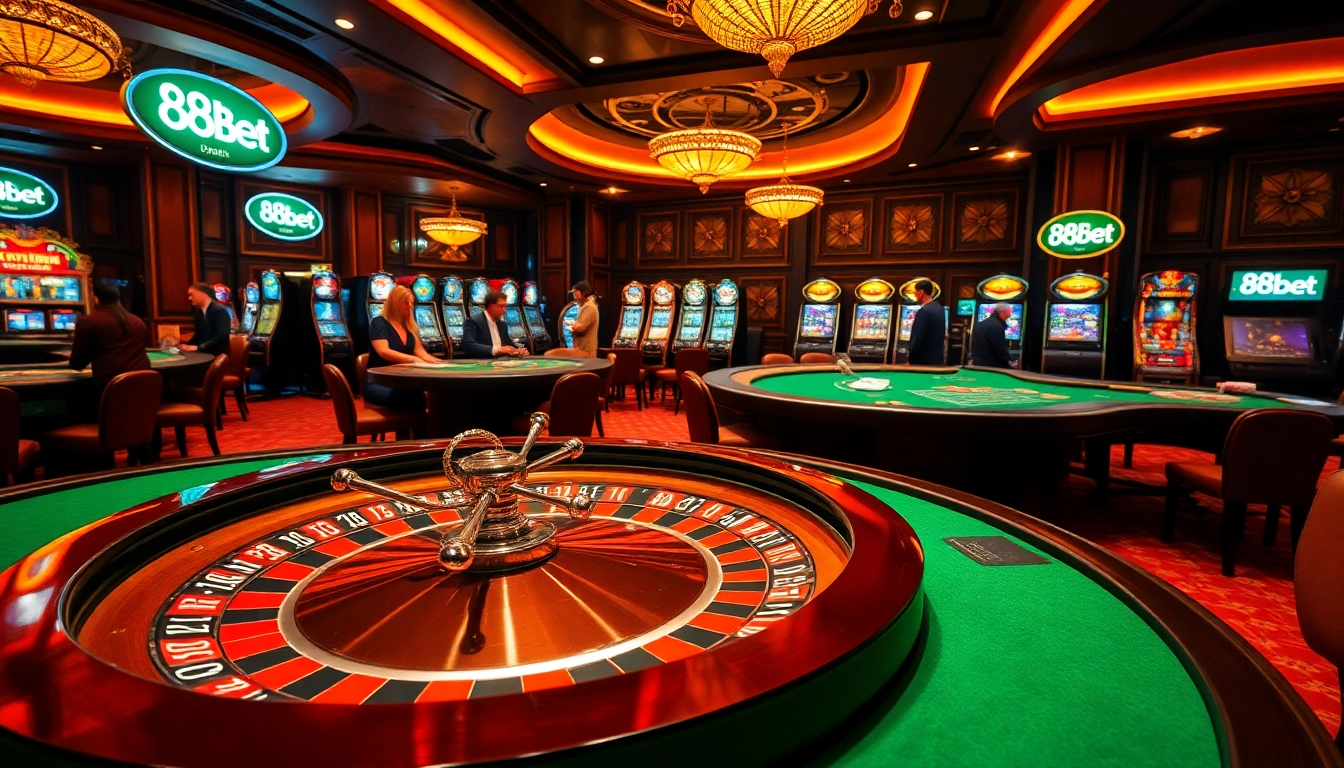 Engaged players enjoying a luxurious 88bet casino experience with vibrant games and betting elements.