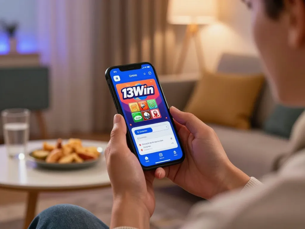 Engaging with the 13Win mobile app for an exciting gaming experience at home.