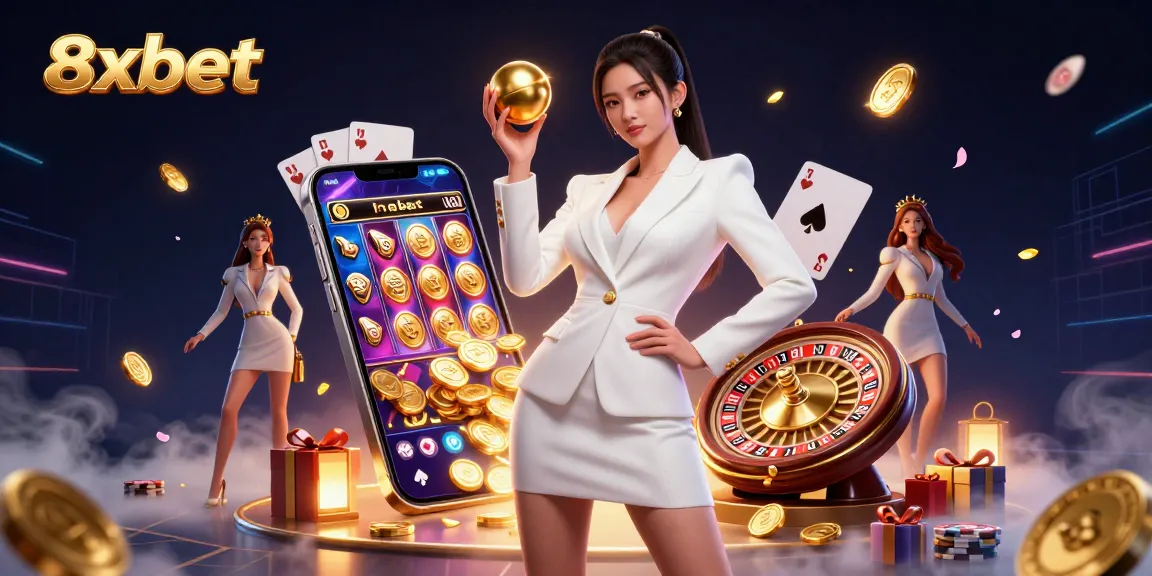 8xbet enhances the gaming experience with casino elements in a vibrant 3D scene, showcasing a roulette ball.