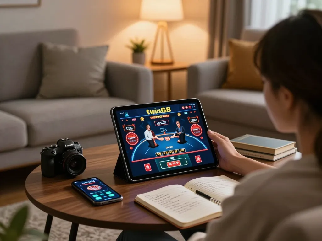 Engaging scene of a player enjoying twin68 online casino on tablet in cozy living room.