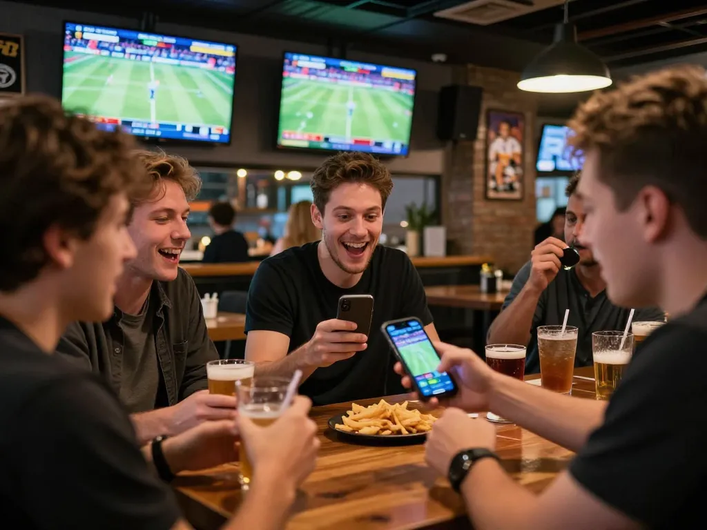 Excitedly placing bets on the 188 bet app while enjoying live sports with friends.