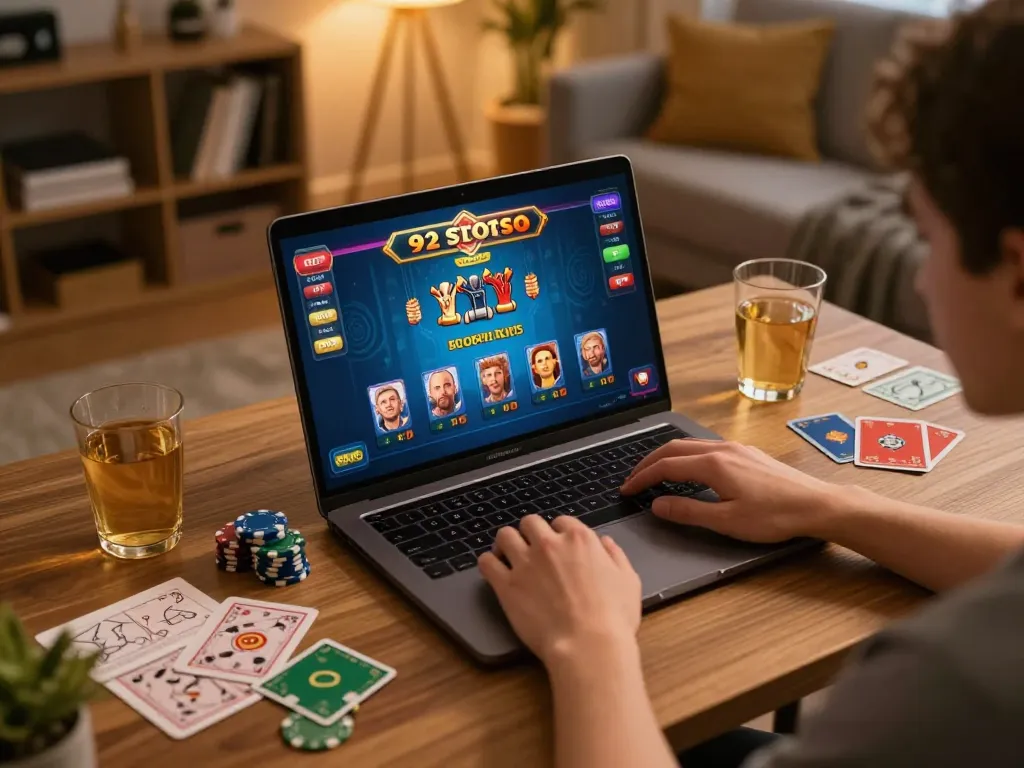 Engaging in 92slot online casino gaming at a cozy home setup with lively atmosphere.