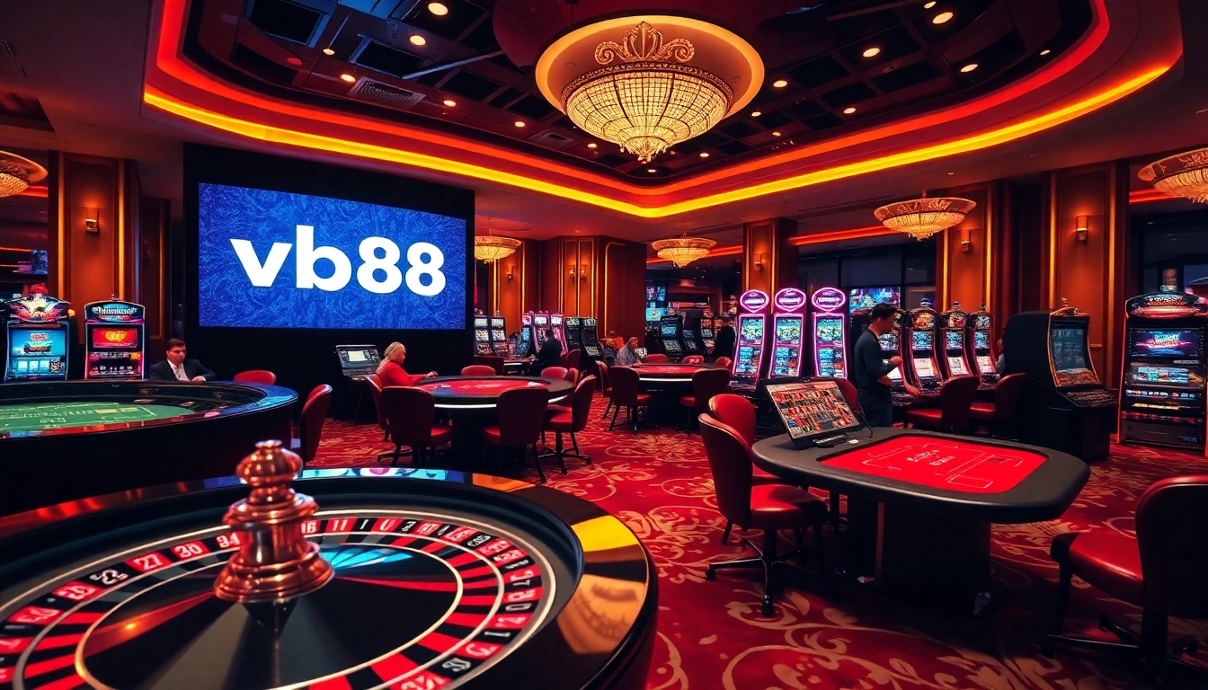 Experience excitement at vb88 with vibrant roulette and poker tables in an upscale casino.