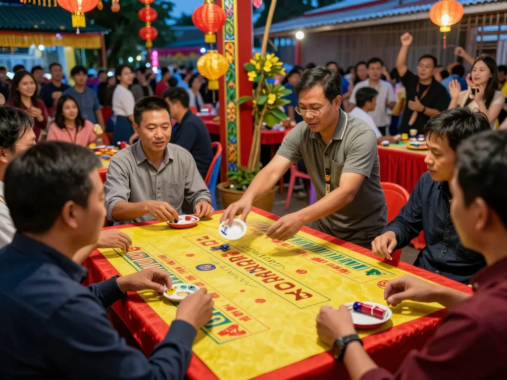 Xóc đĩa game in action with players placing bets at a vibrant Vietnamese festival