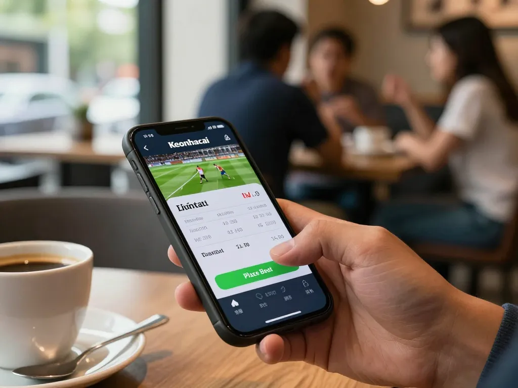 Engaged bettor checking keonhacai mobile app for live sports betting odds in a cafe.
