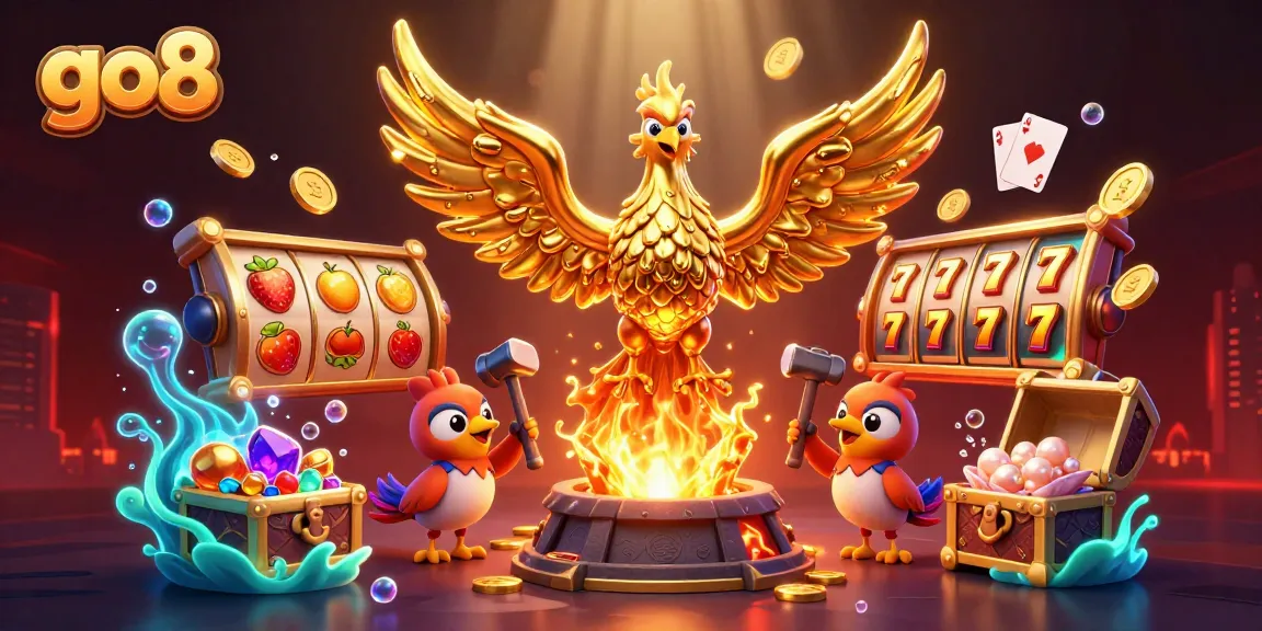 Experience the thrill of go8 casino games with vibrant slot reels and a golden phoenix.