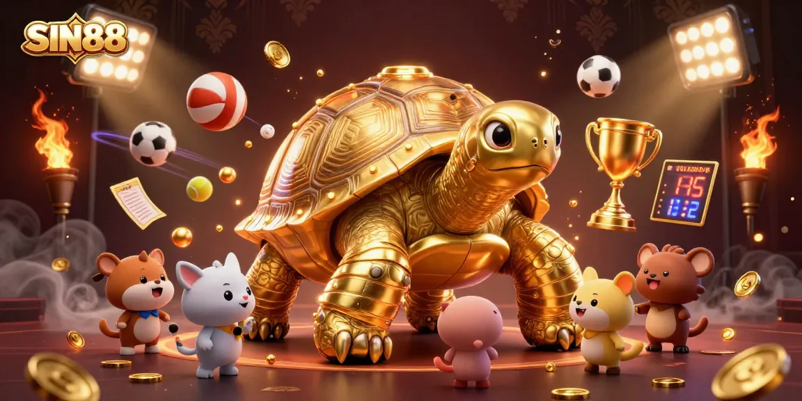 SIN88 features a golden tortoise pinball machine surrounded by sports balls and excitement.