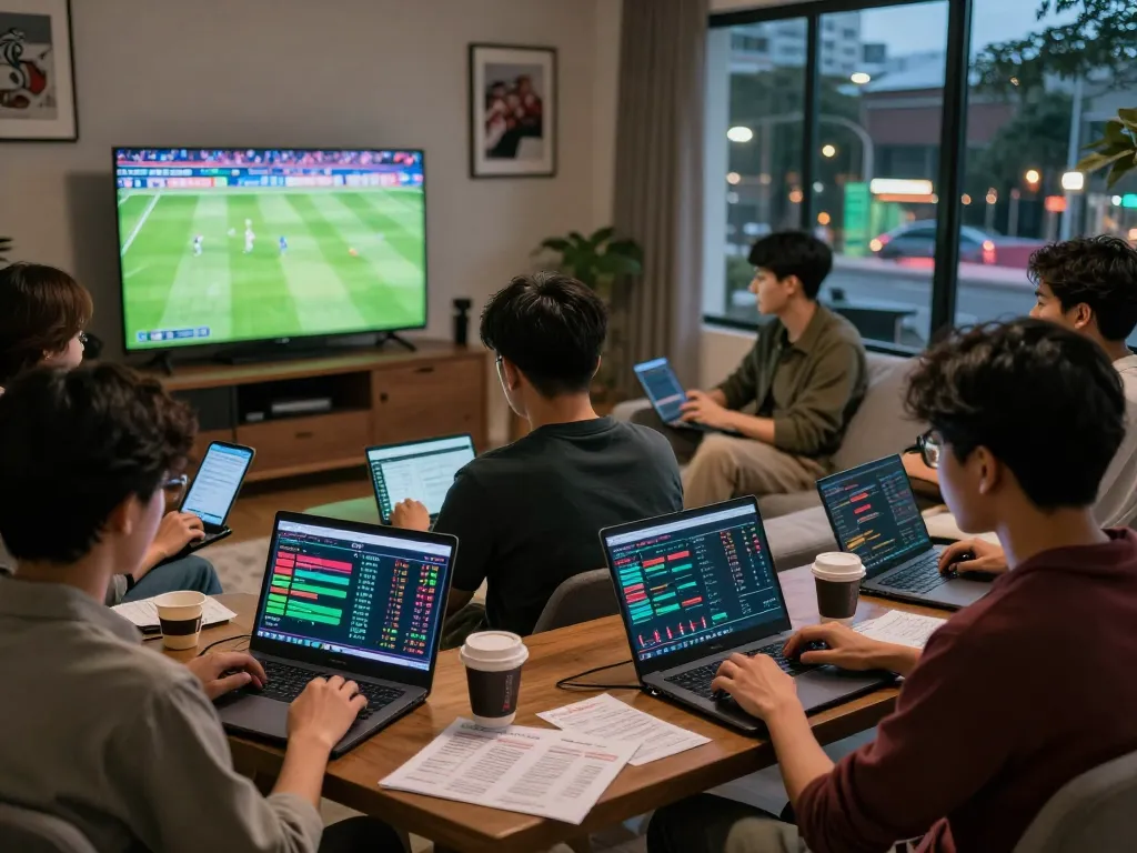 Engaged bettors analyzing live sports data for keonhacai5 in a lively modern setting.