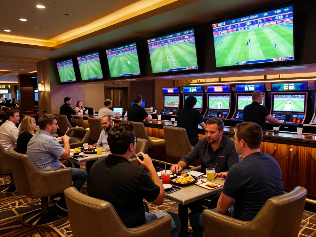 Engaged bettors analyzing การวิเคราะห์ฟุตบอล odds in a luxury sports betting lounge, lively atmosphere and multiple screens.