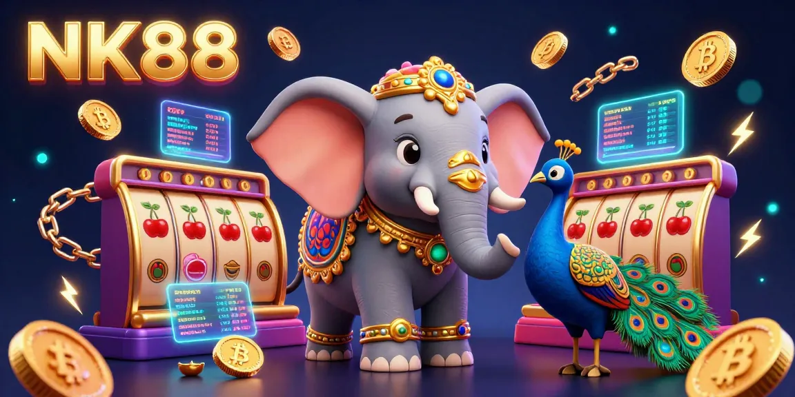 NK88 players enjoy thrilling slot jackpots amidst a vibrant 3D casino scene with dynamic elements.