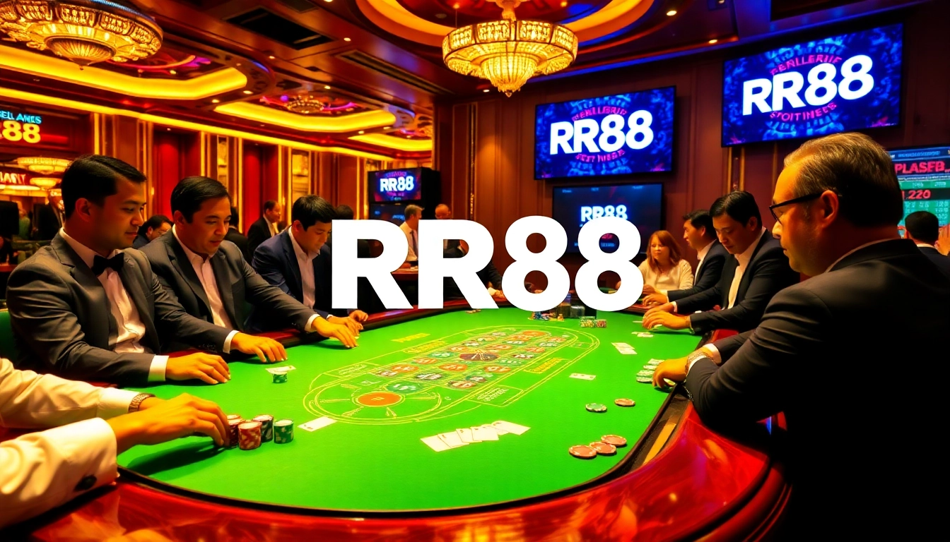 Engage in thrilling gameplay at RR88, featuring vibrant poker chips and cards on a luxurious casino table.