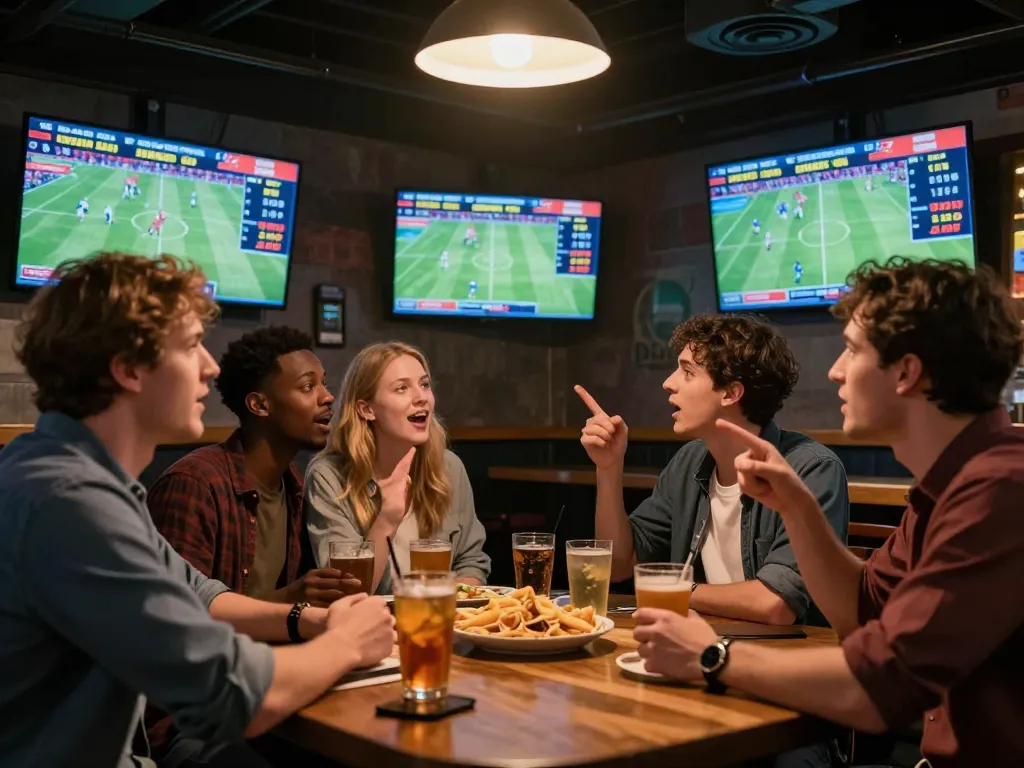 Bettors actively engaging with Bong88 during a live sports event, analyzing odds on screens.