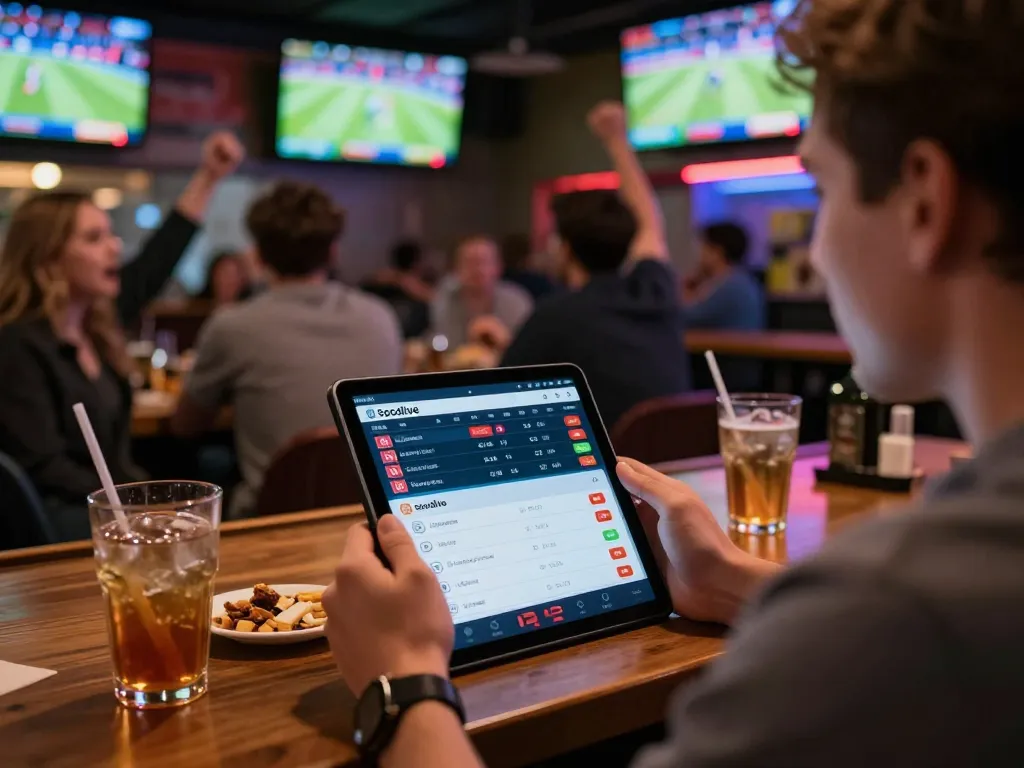 Socolive's sports betting experience with live match stats displayed on a tablet in a vibrant sports bar.