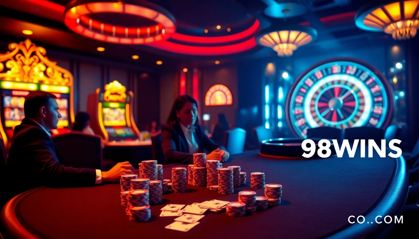 Experience the excitement at 98WINS CO COM with thrilling poker action and vibrant casino lights.