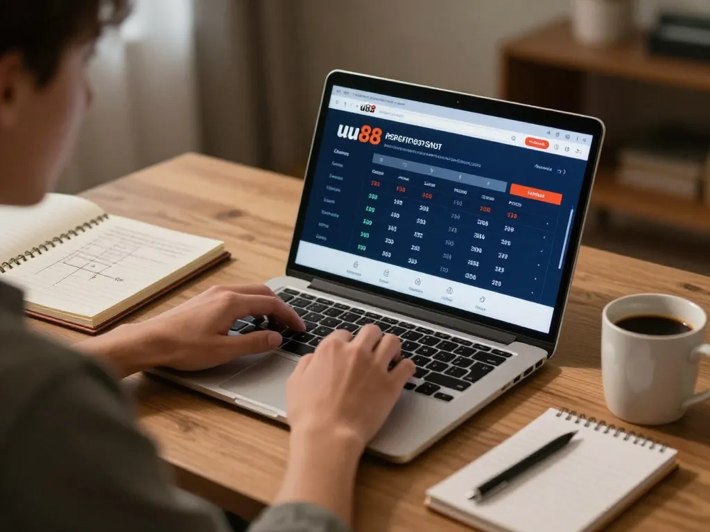 Using the uu88 betting app, an enthusiastic bettor analyzes live sports odds in a cozy office.