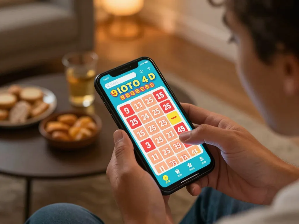 Check the latest 9 lotto 4d result on a smartphone in a cozy living room setting while excitedly anticipating winnings.