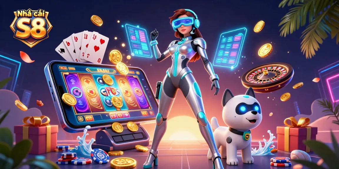 Experience gaming at Nhà cái S8 with a vibrant 3D illustration of a futuristic casino scene.