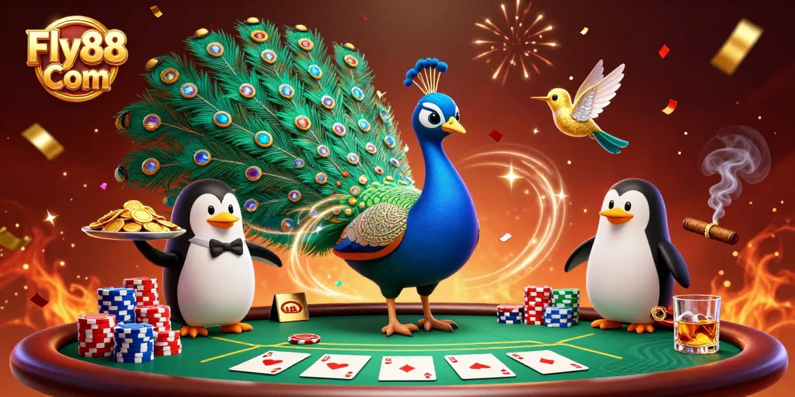 Experience thrilling poker action with Fly88 Com as colorful characters engage in a vibrant casino scene.