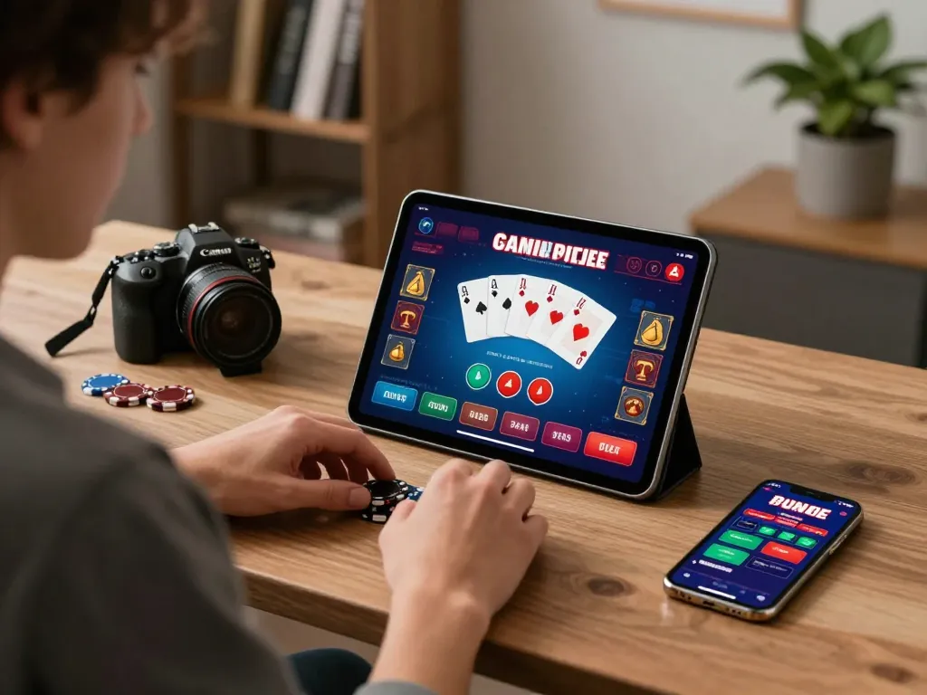 Engaging in strategic poker gameplay on a tablet with the hay win casino app displayed on the screen.