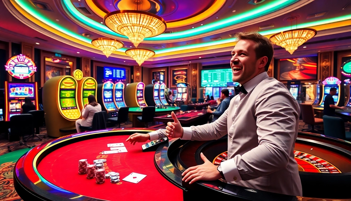 Excited player winning at the online interface of https://1mm888.com/ in a vibrant casino scene.