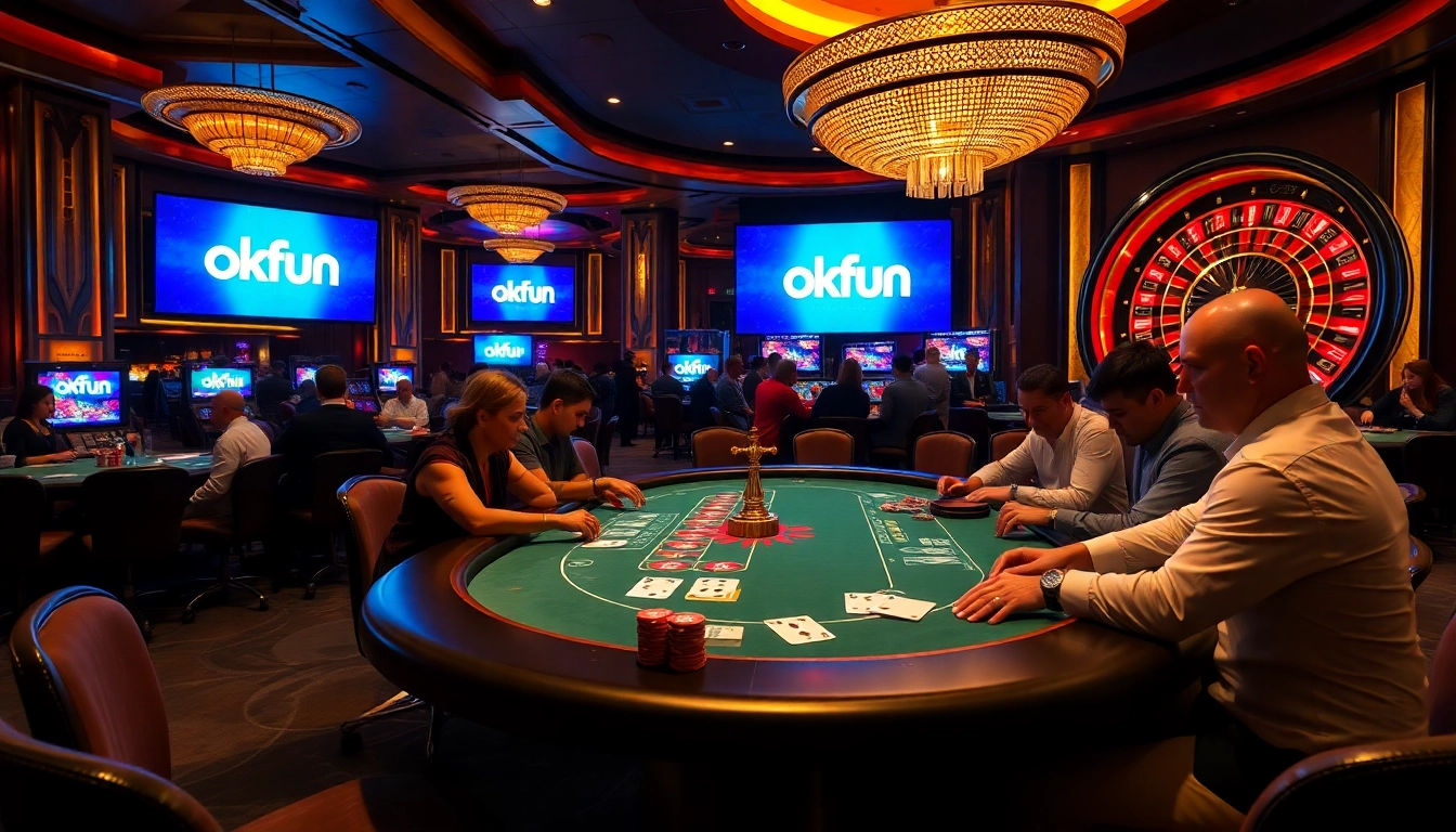 Experience high-stakes poker and roulette action with okfun in a luxurious casino setting.