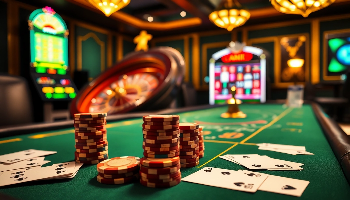 Engaging scene depicting tỷ lệ nhà cái with vibrant poker table, roulette wheel, and casino ambiance.