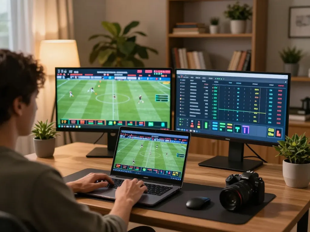 Person using keonhacaii88 for sports betting on a laptop in a cozy home setting