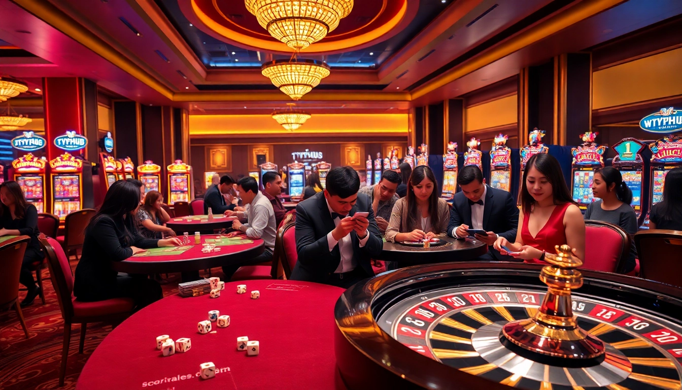 Engaged players enjoying the high-stakes excitement of Typhu88 casino games at elegantly set tables.