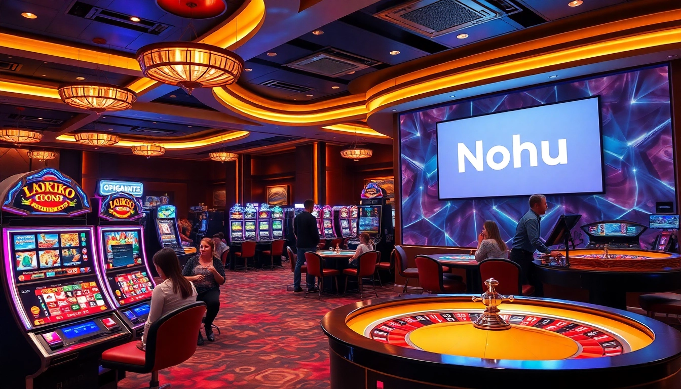 Nohu casino gaming scene with vibrant slot machines and engaged players.