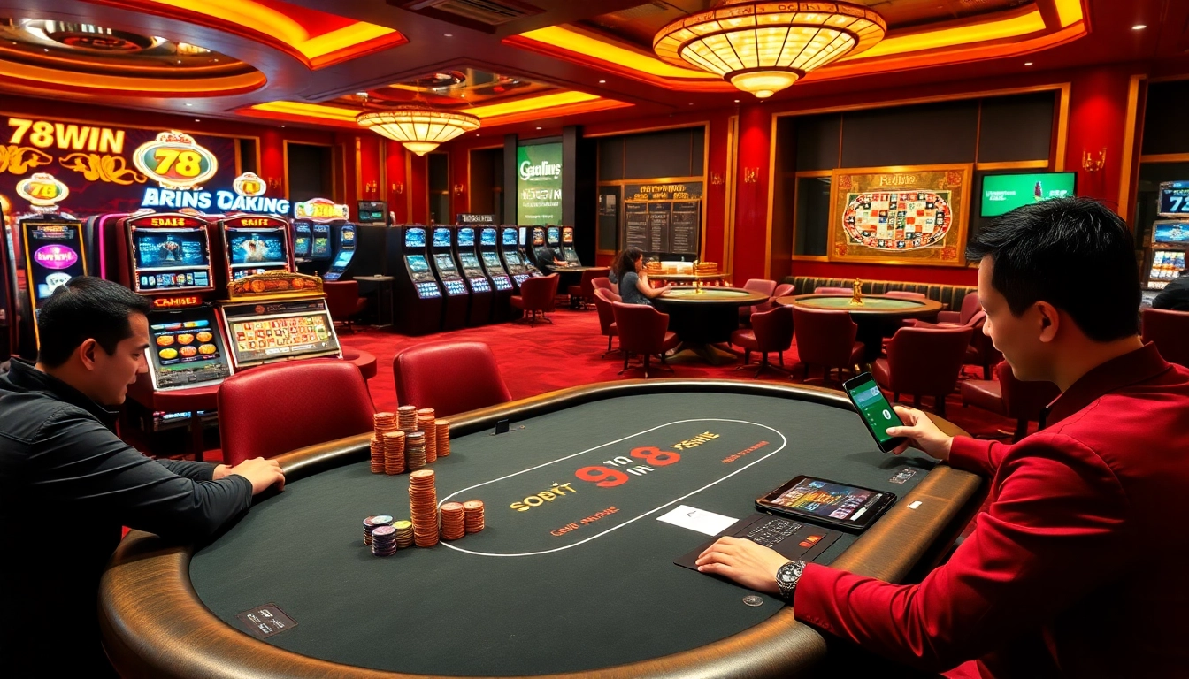 Engaging scene at a 78win casino table with players placing bets and vibrant slot machines.