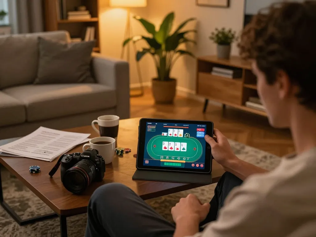 Person playing poker on https://tr88.pics/ tablet at home, cozy setting with strategy notes