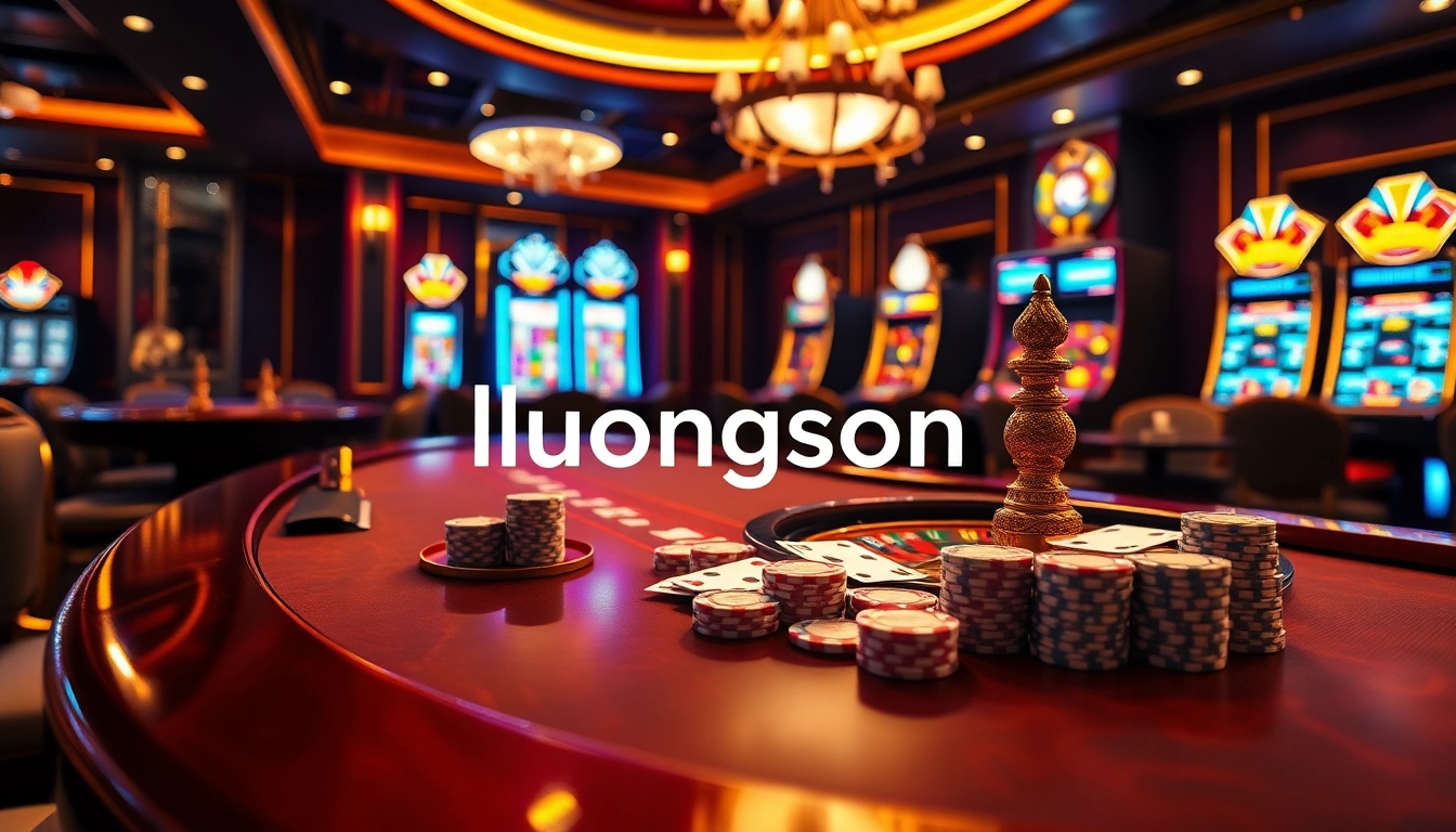 Experience thrilling gambling with luongson at a luxurious casino with vibrant game tables.
