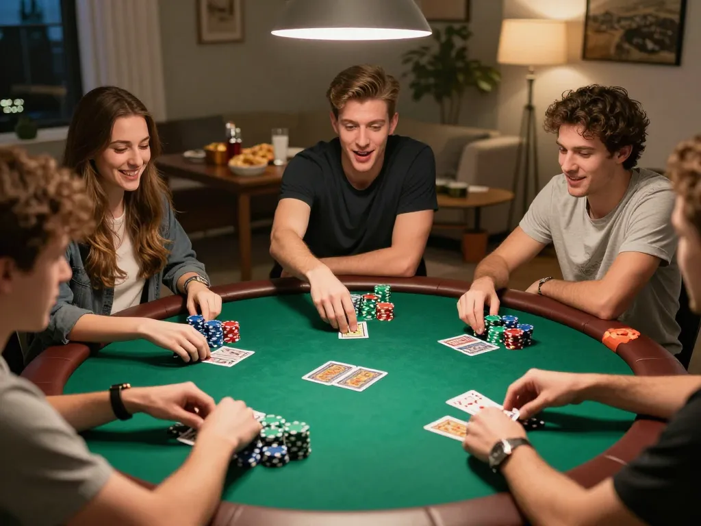 Friends intensifying their strategy during an FC88 poker night at home, capturing the excitement and camaraderie.