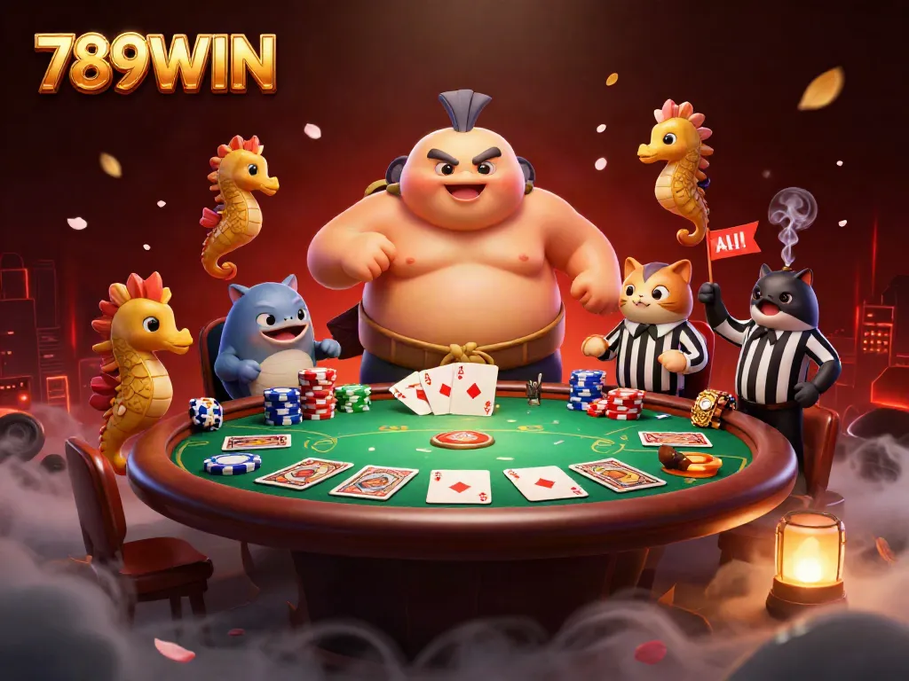 Experience the vibrant underwater casino scene with 789WIN featuring cartoon fugu and poker elements.
