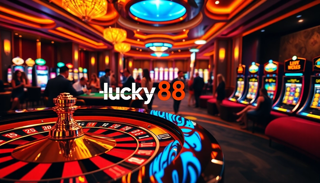 Experience the thrilling gameplay at lucky88 with vibrant casino elements like poker chips and a roulette wheel.