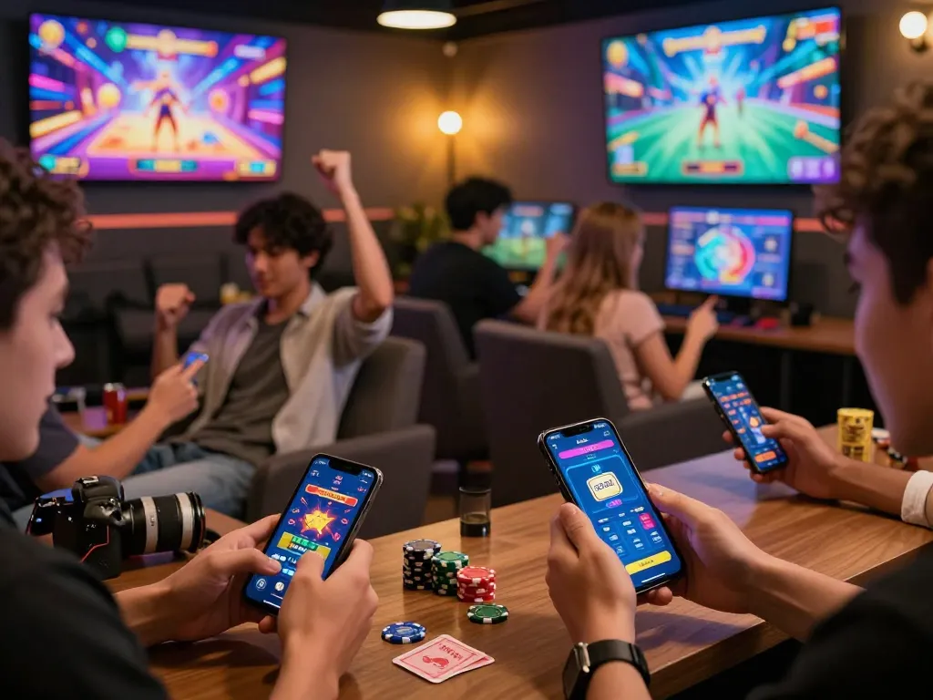 Engaging atmosphere at SC88 online gaming lounge with players enjoying mobile games.