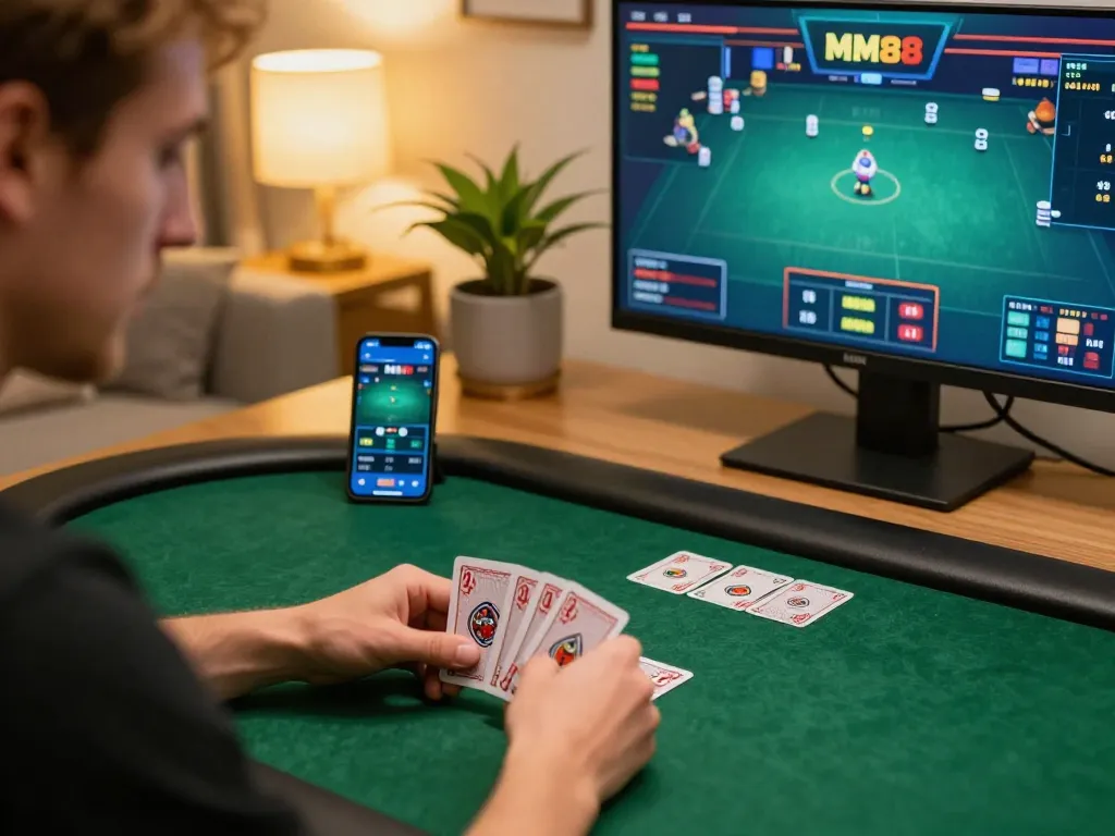 Player strategizing with MM88 cards on screen in competitive online poker game.