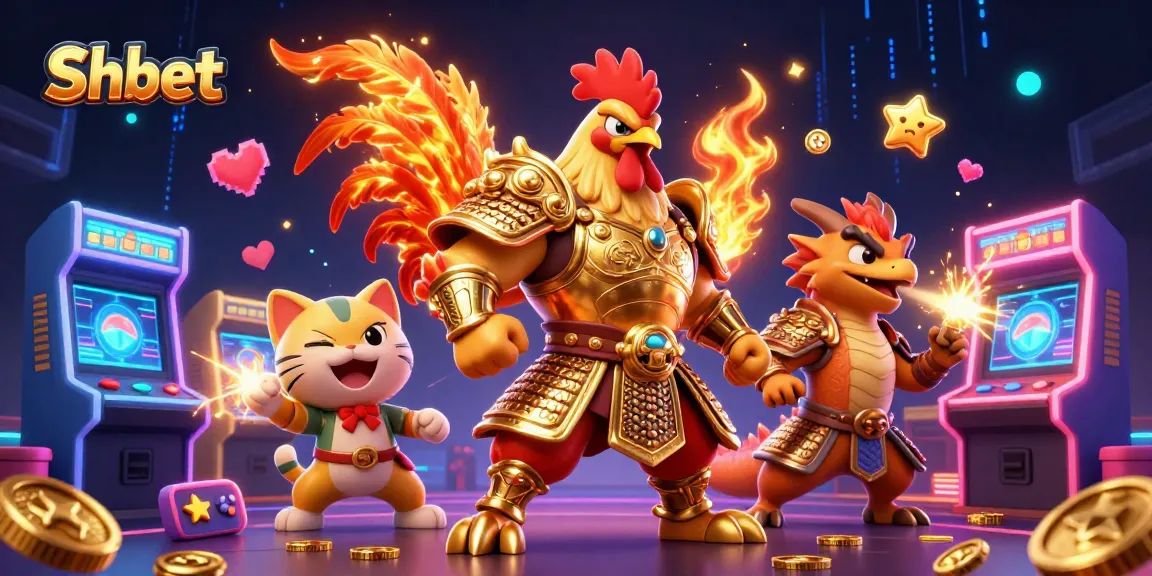 Engage with thrilling Shbet gaming adventures featuring a rooster warrior and dragon in an electrifying casino scene.