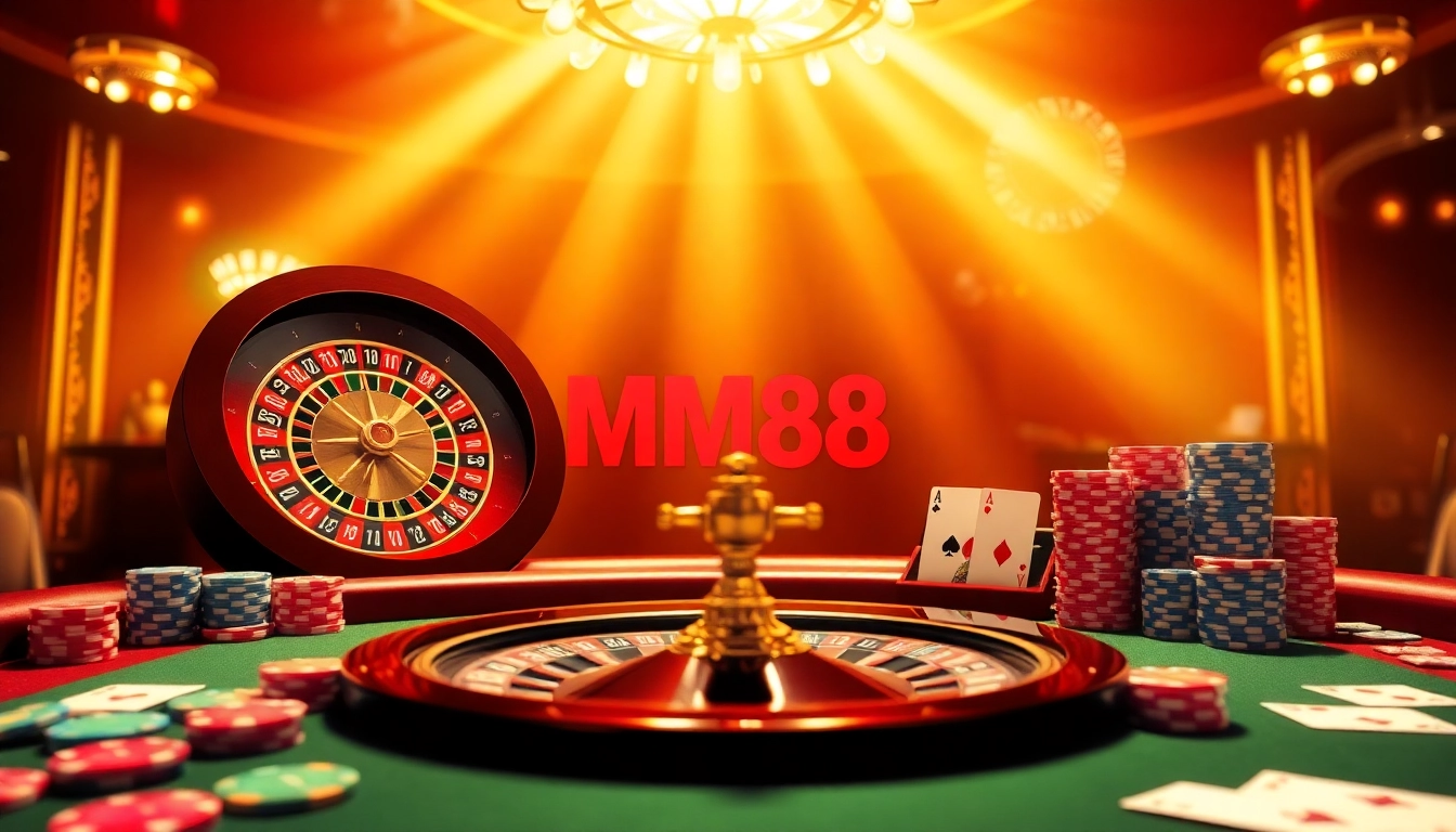 Experience thrilling online gaming with MM88 at the roulette table, surrounded by chips and cards.