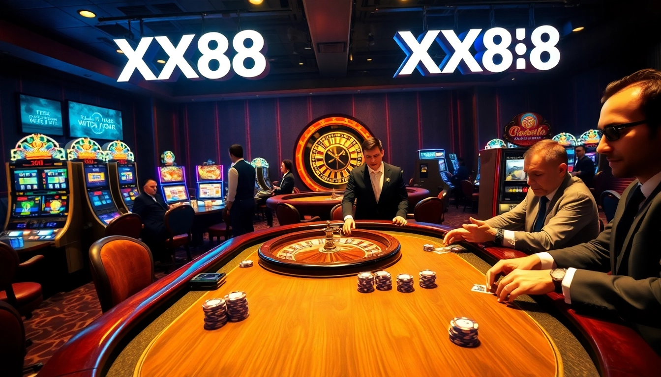 Players engage in high-stakes poker at XX88's luxurious casino, illuminated by golden lights.