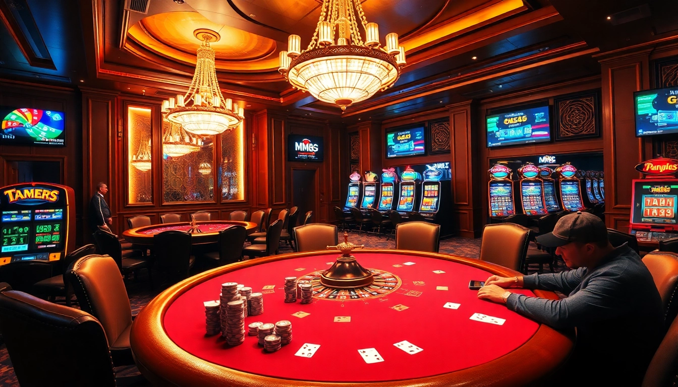 Engage in an exciting casino game strategy with Mm88 featuring poker tables and roulette wheels.