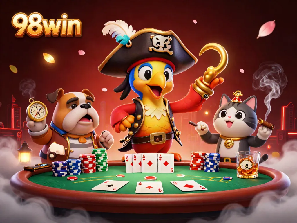 Experience the excitement of 98win with a colorful poker scene featuring a pirate captain and friends.