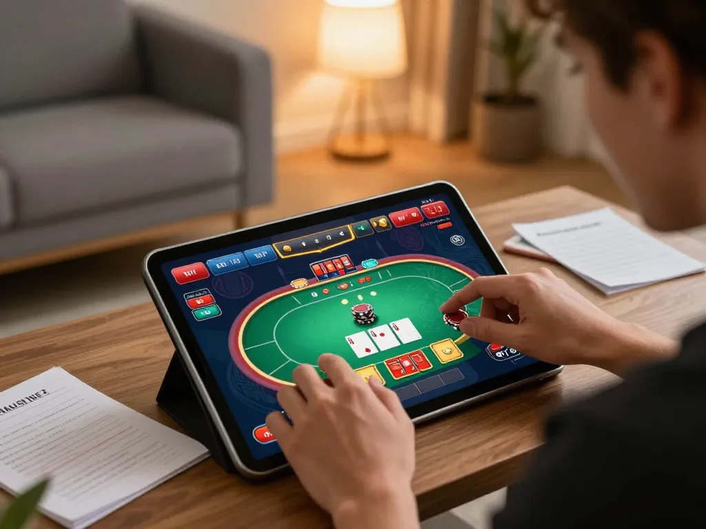 Person engaging with an online poker game on a tablet, highlighting nhacaiuytinn gaming strategies