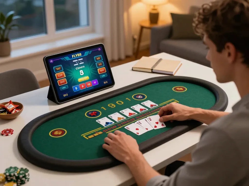 Player engaging in blackjack at home using FLY88 tablet, cozy and strategic gaming atmosphere