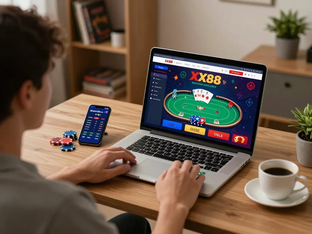 Player engaging with XX88 online casino interface, showcasing strategic poker gameplay in a cozy home setting.