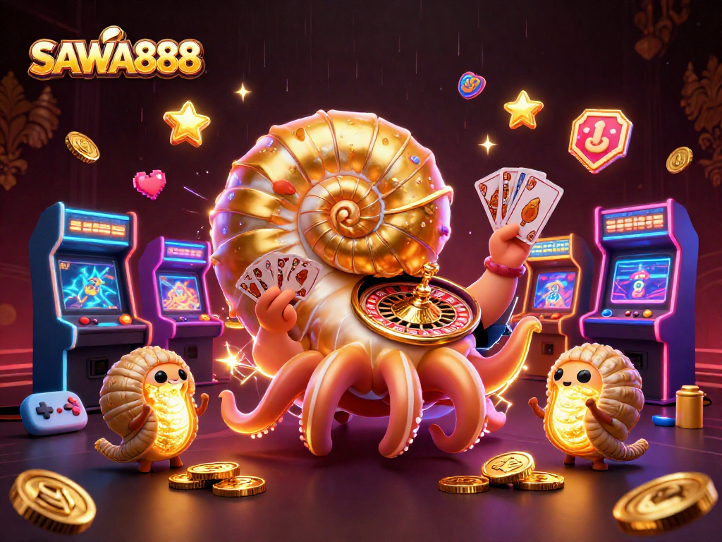 Engage with SAWA888's dynamic casino experience featuring a giant nautilus as a roulette wheel.
