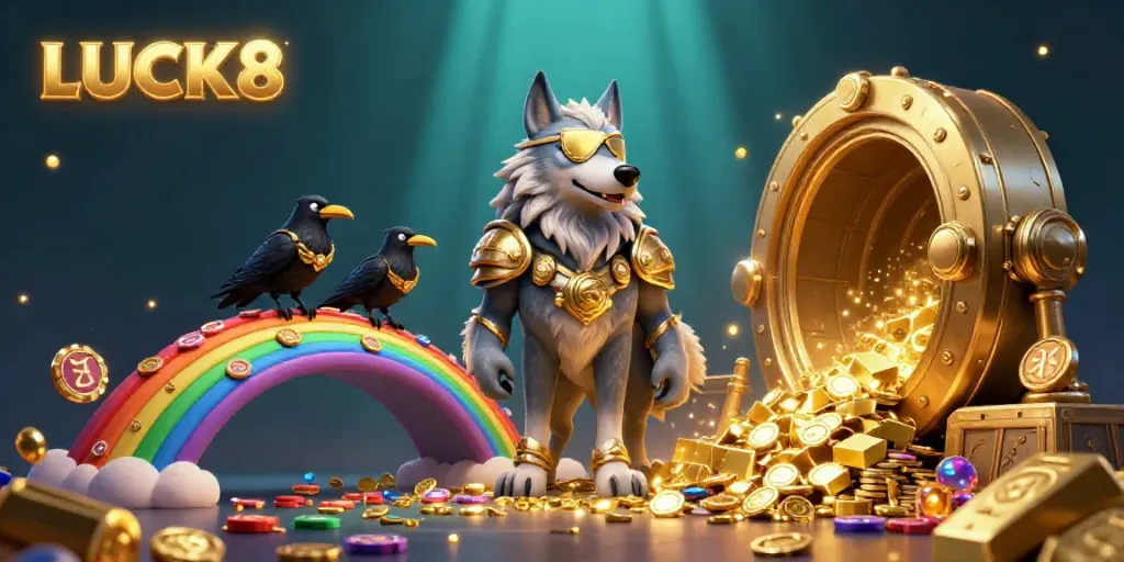 Engage in fortune with LUCK8's golden treasures and Norse legends in this vivid casino scene.